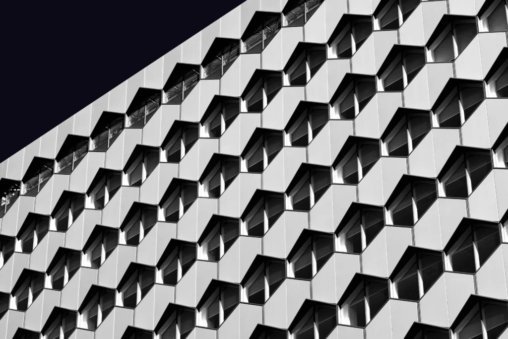Modernaus pastato fasadas su geometriniu šešiakampių langų raštu, užfiksuotas kontrastinga juodai balta fotografija.