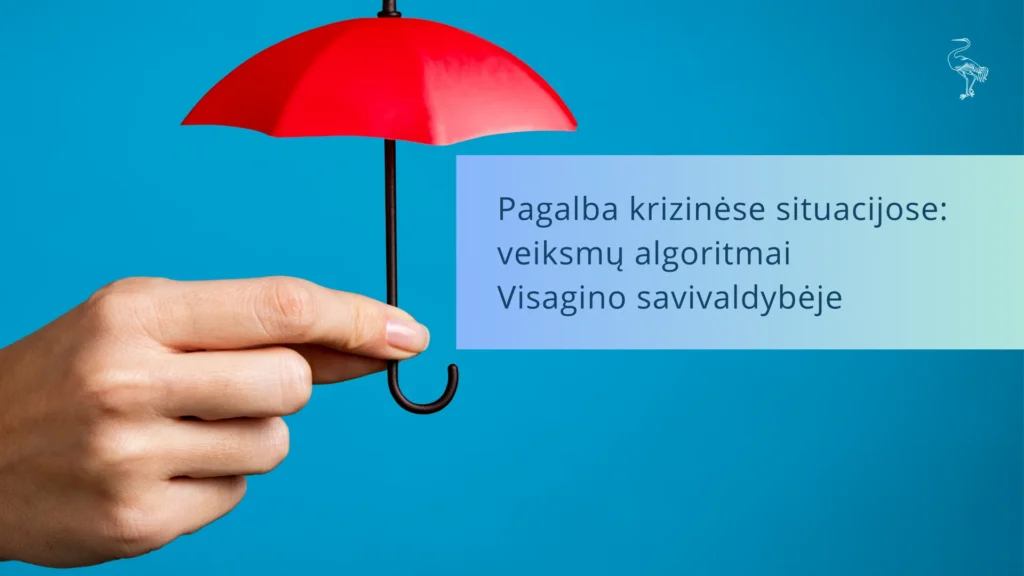 Rankoje laikomas nedidelis raudonas skėtis ryškiai mėlyname fone su informaciniu tekstu apie pagalbą.