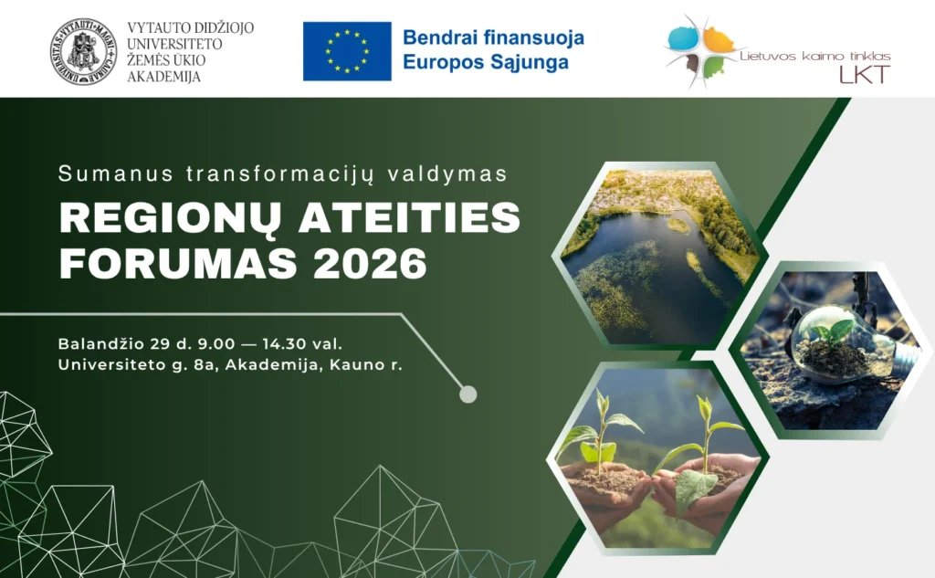 Regionų ateities forumo plakatas su gamtos vaizdais šešiakampiuose rėmeliuose ir informaciniais tekstais žaliame fone.