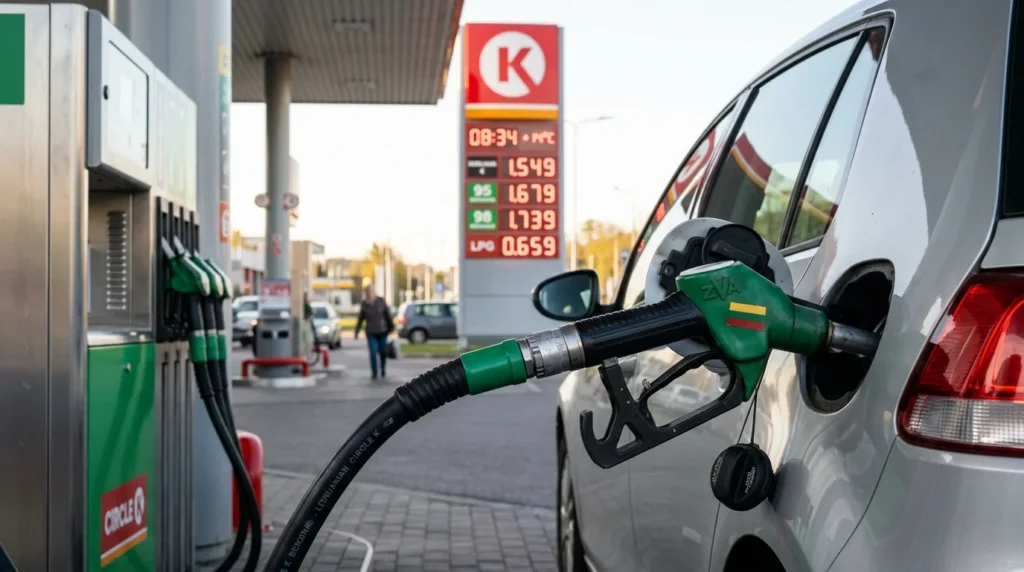 Automobilis pildomas degalais degalinėje, fone matoma kainų švieslentė ir žalias degalų pylimo pistoletas.