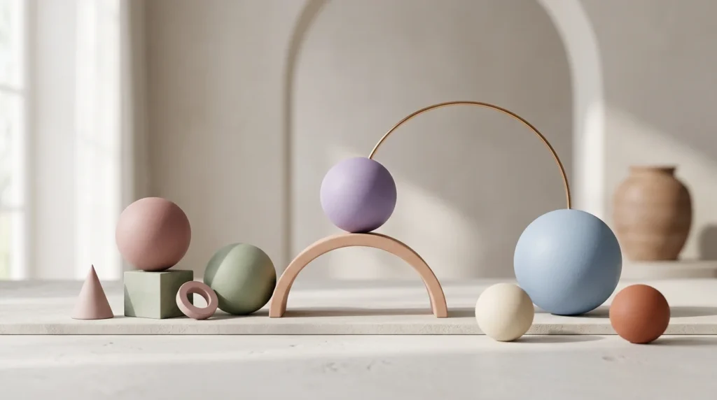 Įvairių pastelinių spalvų geometrinės formos, tokios kaip rutuliai ir arkos, išdėstytos minimalistinėje šviesioje erdvėje.