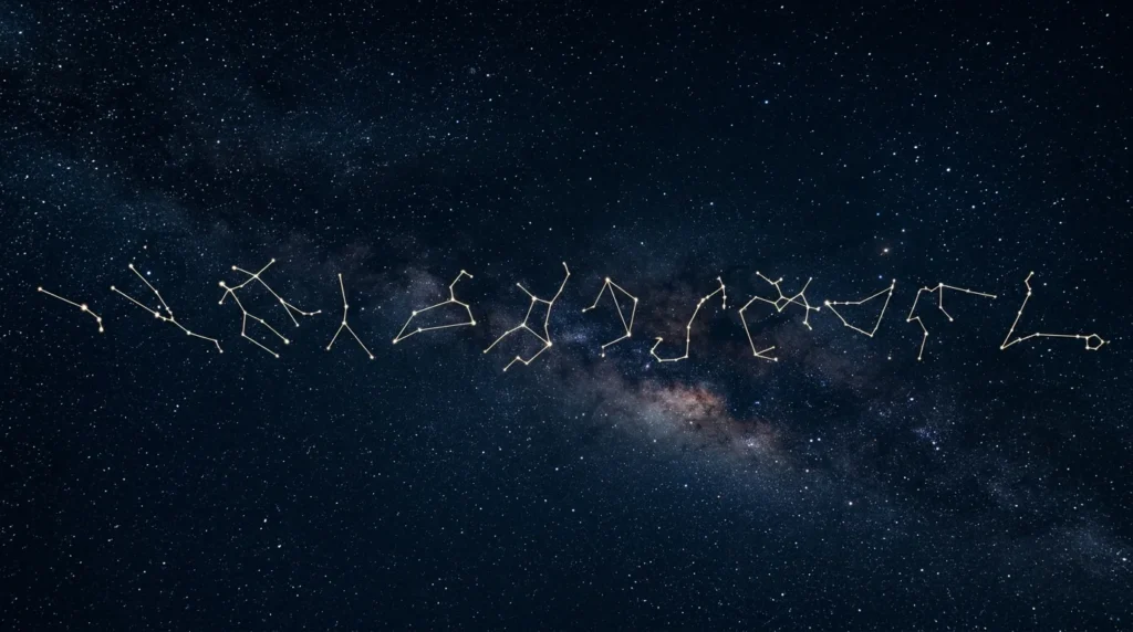 Žvaigždėtas naktinis dangus su Paukščių Taku ir nubrėžtomis zodiako ženklų žvaigždynų linijomis.