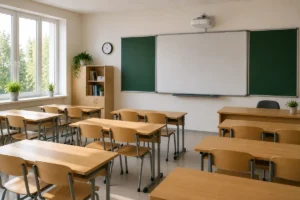 Tuščia šviesi klasė su mediniais stalais, kėdėmis, didele lenta ir projektoriumi ant sienos.