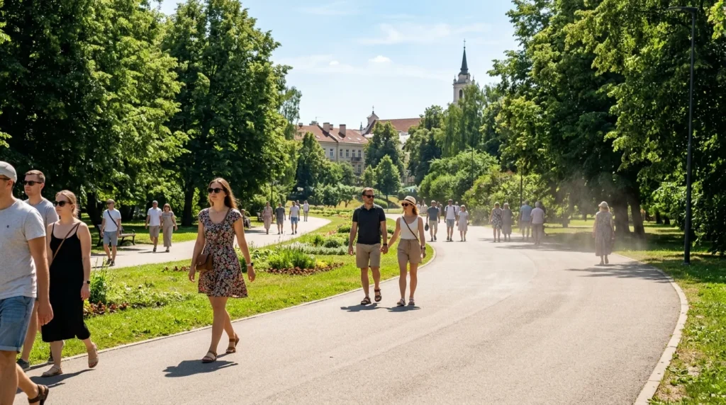 Žmonės vaikšto plačiu taku žaliuojančiame parke saulėtą dieną, fone matomi istoriniai pastatai ir bažnyčia.
