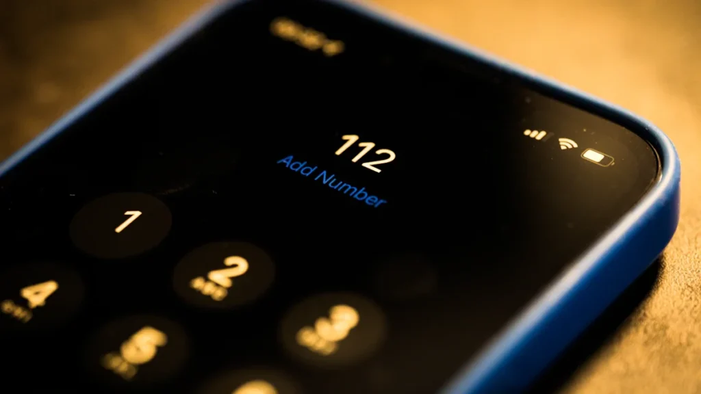 Išmaniojo telefono ekranas su renkamu skubiosios pagalbos numeriu 112, simbolizuojantis gautus įspėjimus apie pavojų.