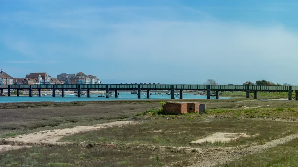 Panoraminis vaizdas į atvirą erdvę, upės pakrantę ir miesto tiltą saulėtą dieną.