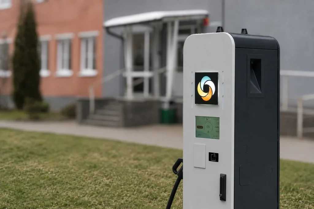 Moderni elektromobilių įkrovimo stotelė pastatyta ant vejos šalia administracinio pastato su įėjimu.