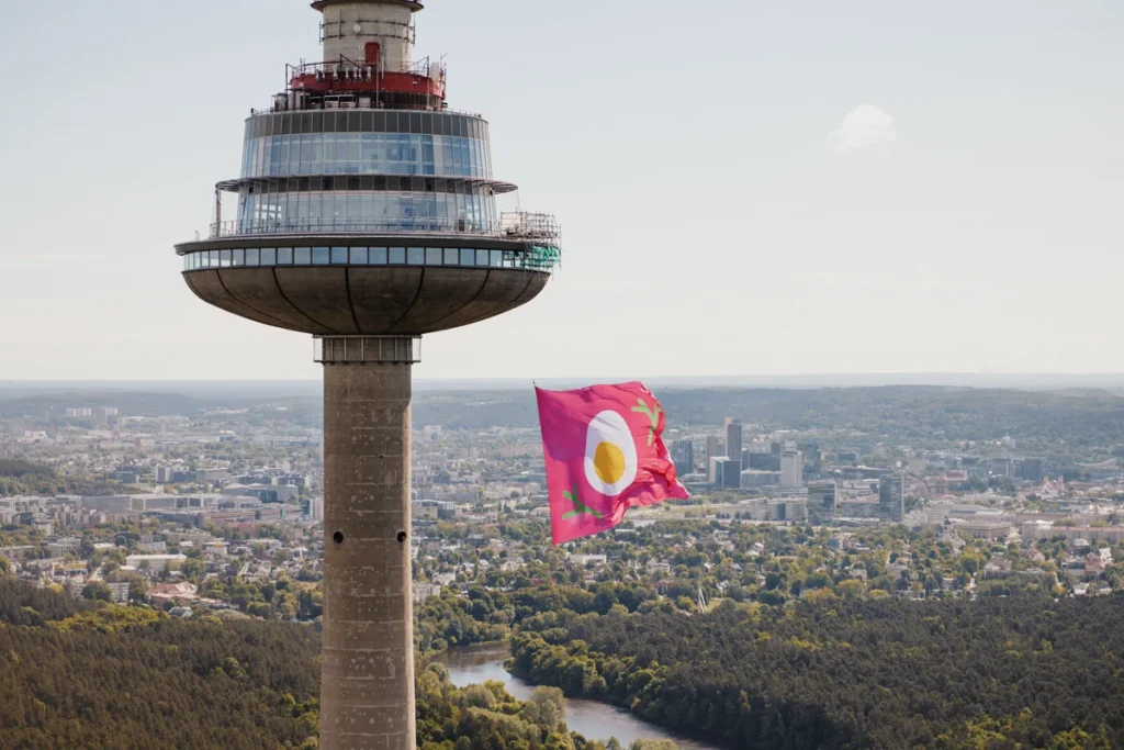 Vilniaus televizijos bokštas su kabančia rožine vėliava, kurioje pavaizduotas keptas kiaušinis.