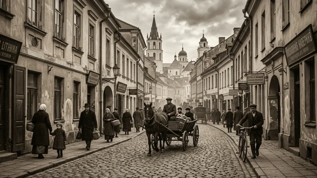 Senovinė akmenimis grįsta gatvė su žmonėmis, arkliu traukiamu vežimu ir bažnyčių bokštais fone.