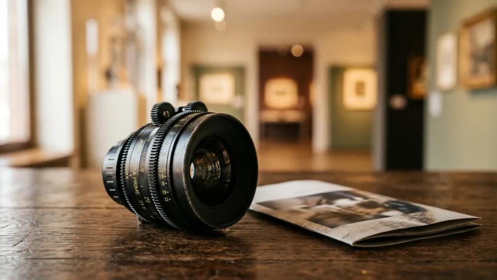 Profesionalus fotoaparato objektyvas padėtas ant medinio stalo neryškiame meno galerijos fone.