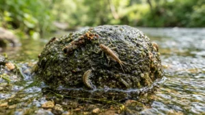 Ants, vandens vabalo lerva ir kiti smulkūs vabzdžiai ropoja ant drėgno, samanoto akmens upėje.