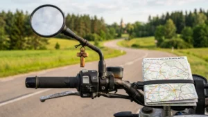Motociklo vairas su mediniu kryželiu bei Lietuvos kelių žemėlapiu vaizdingame kelyje.