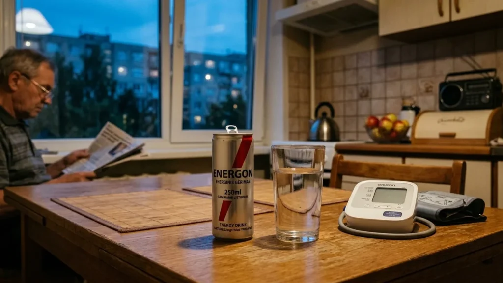 Ant stalo stovi skardinė energinio gėrimo, stiklinė vandens ir kraujospūdžio matuoklis, fone skaito vyresnio amžiaus vyras.