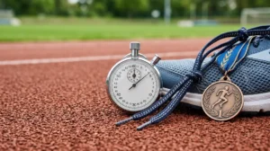 Chronometras, bėgimo batelis ir aukso medalis guli ant raudono bėgimo takelio dangos.