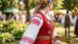 Moteris vilkianti tradiciniais lietuviškais tautiniais rūbais su gėlių vainiku ant galvos lauke.