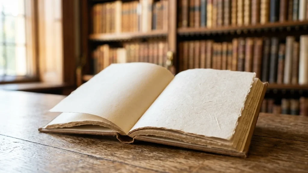 Atvira sena knyga su tuščiais popieriaus lapais padėta ant medinio stalo bibliotekoje.