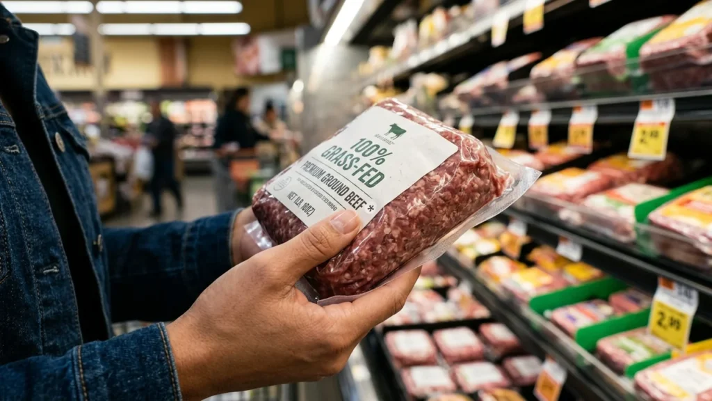 Pirkėjas maisto prekių parduotuvėje laiko vakuume supakuotą ekologiškos jautienos faršo pakuotę.