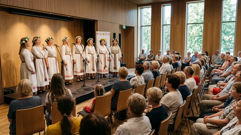 Lietuvių liaudies dainininkės su tautiniais drabužiais ir gėlių vainikais dainuoja scenoje auditorijai.