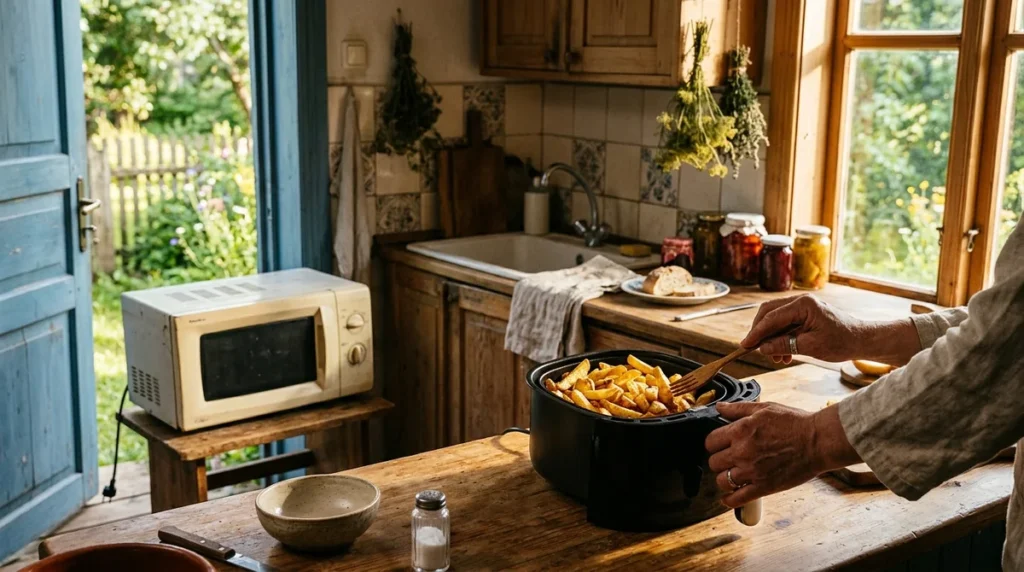 Žmogus kaimiškoje virtuvėje su medine šakute maišo keptas bulvytes juodame oro gruzdintuve.