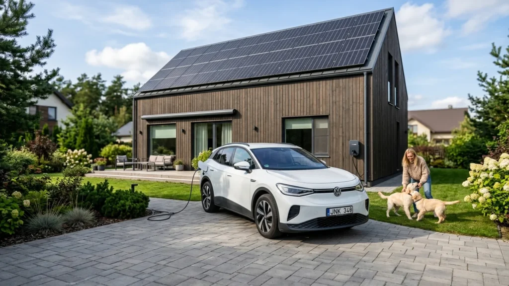Balto elektromobilio įkrovimas prie modernaus namo su saulės kolektoriais ir žaidžiančiais šunimis kieme.