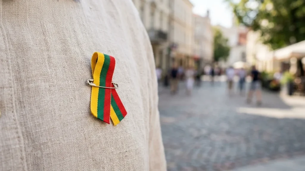 Lietuvos trispalvės spalvų kaspinėlis, prisegtas žiogeliu prie šviesaus lino audinio drabužio, neryškus miesto fonas.