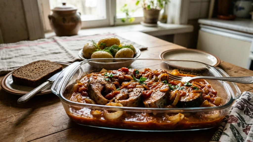 Stiklinis indas su kepta žuvimi pomidorų padaže, šalia virtos bulvės ir ruginės duonos riekė.