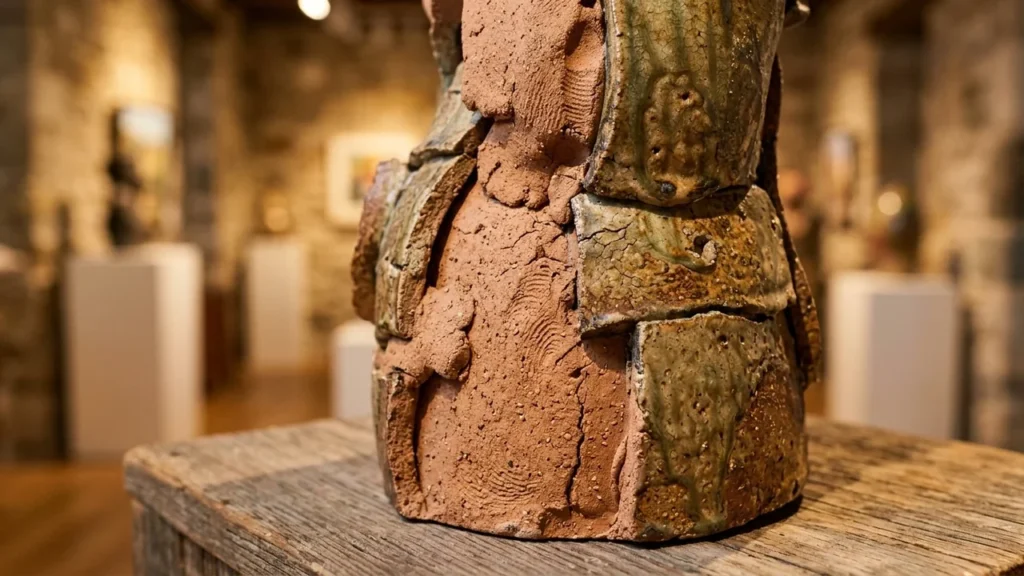 Grubiai tekstūruota keramikos skulptūra su žalsvomis glazūruotomis detalėmis, eksponuojama šiuolaikinio meno galerijos erdvėje.