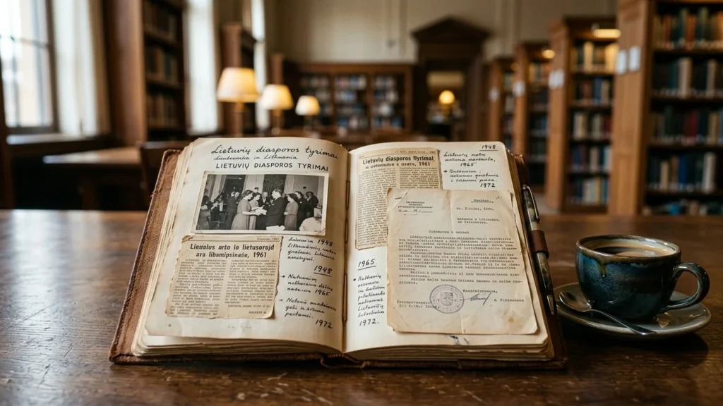 Atversta knyga su istorinėmis nuotraukomis ir dokumentais padėta ant medinio stalo bibliotekoje.
