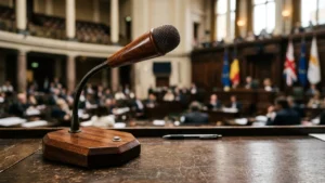 Medinis mikrofonas stovi ant stalo neryškiame parlamento posėdžių salės fone su vėliavomis.