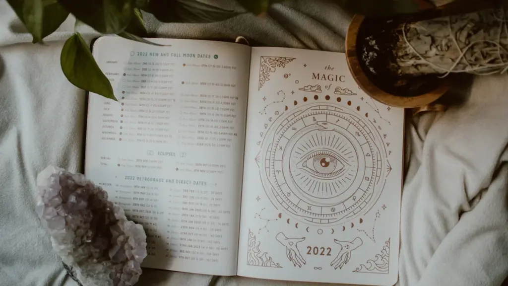 Atversta knyga su zodiako simboliais, kristalais ir smilkalais ant lovos