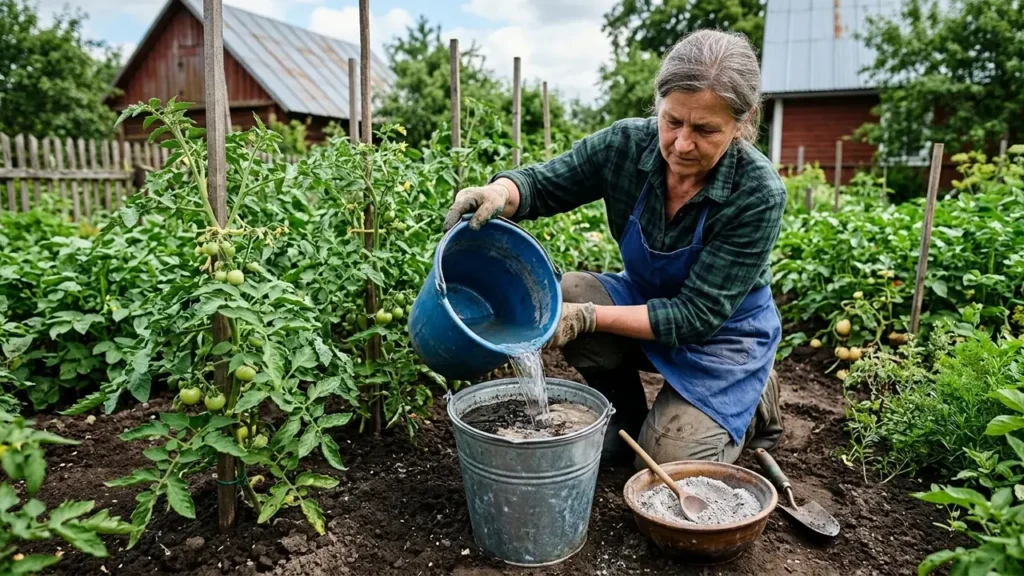 Pagyvenusi moteris darže pila vandenį iš mėlyno kibiro į metalinį indą su trąšomis.