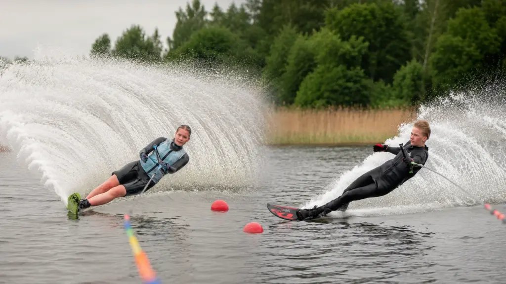 Du sportininkai vandens slidėmis skrodžia ežero paviršių, sukeldami didžiulius vandens purslus ir bangas.