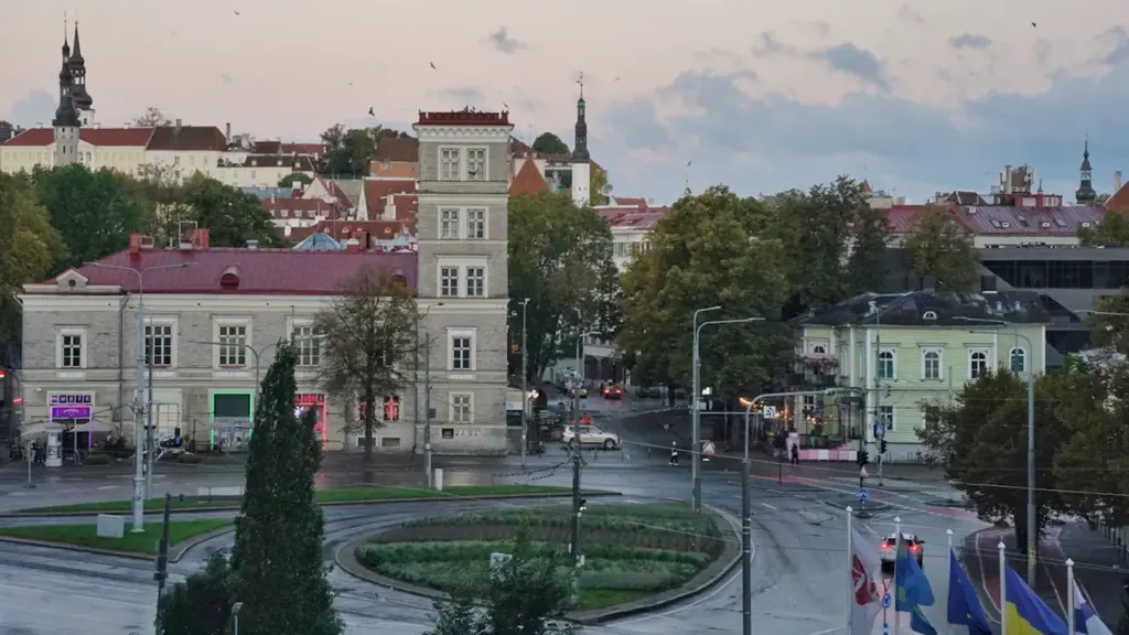 Miesto aikštės panorama su pastatais, medžiais ir debesuotu dangumi miesto fone.
