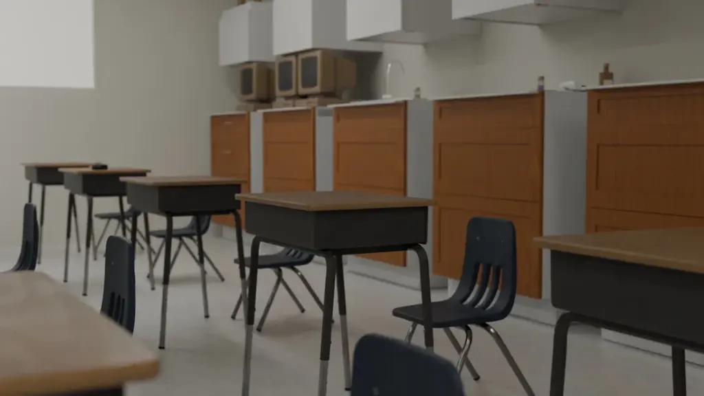 Tuščia klasė su mediniais stalais ir kėdėmis, simbolizuojanti mokymosi aplinką šiuolaikiniams studentams.