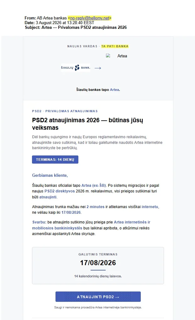Lietuvoje plinta „Artea“ klastotė: nespauskite nuorodos