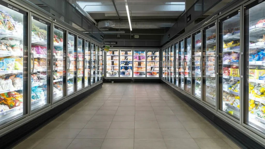 Prekybos centro praėjimas su ilgomis stiklinėmis šaldytuvų vitrinomis, pilnomis įvairių užšaldytų maisto produktų.