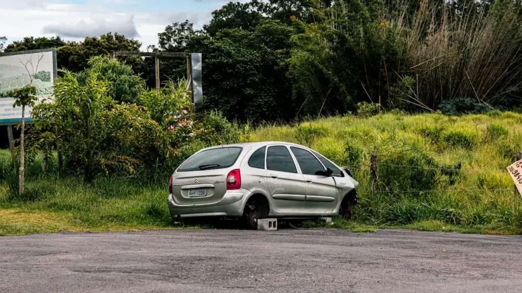 Apleistas sugedęs sidabrinis automobilis stovi šalia užmiesčio kelio pamiškėje.