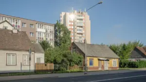 Jaukios gatvelės vaizdas su tradiciniais namais ir medžiais Jonavos krašte.