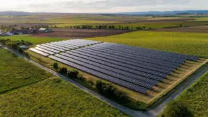 Saulės elektrinė žaliame lauke vasaros dieną, simbolizuojanti atsinaujinančią energetiką ir mokslinius tyrimus.
