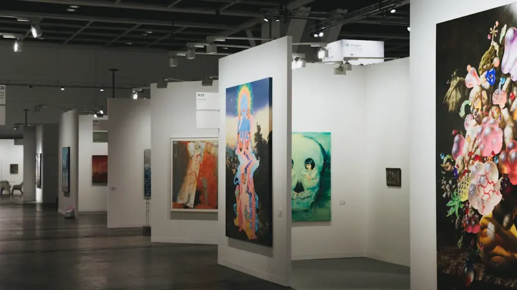 Šiuolaikinės meno galerijos erdvė su įvairiais paveikslais ant baltų sienų parodoje.