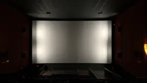 Tukščia kino teatro salė su ekranu prieš pradedant filmų peržiūrą Tauragėje